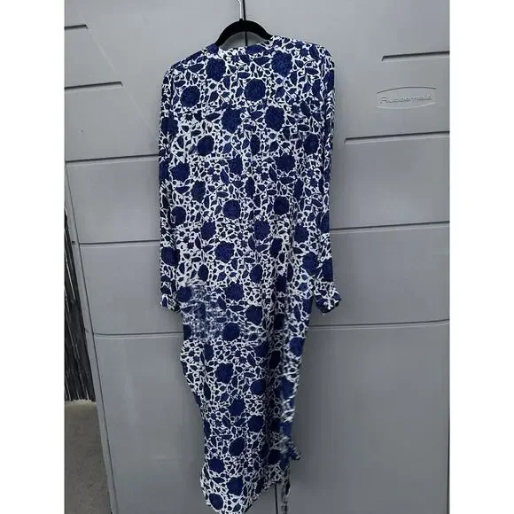 Natalie Martin Indigo Floral Hand-Dyed 100% Silk Kaftan Dress Sz L Double Slit - Picture 9 of 11